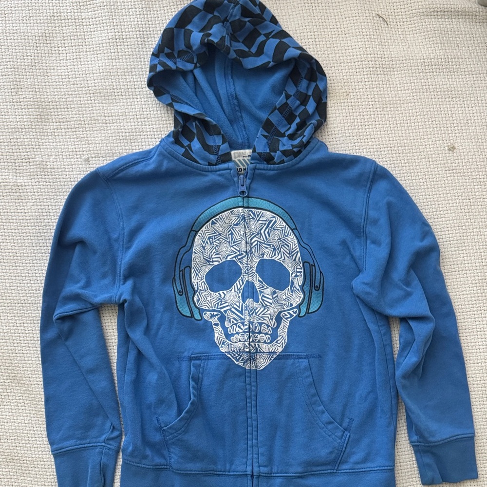 Old Navy Blue Zip Hoodie with Skull Headphone Graphic